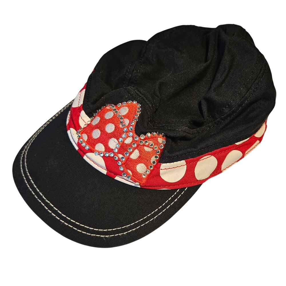 Minnie Mouse Cadet Army Cap Black OS Adjustable Rhinestone Polka Disney Parks